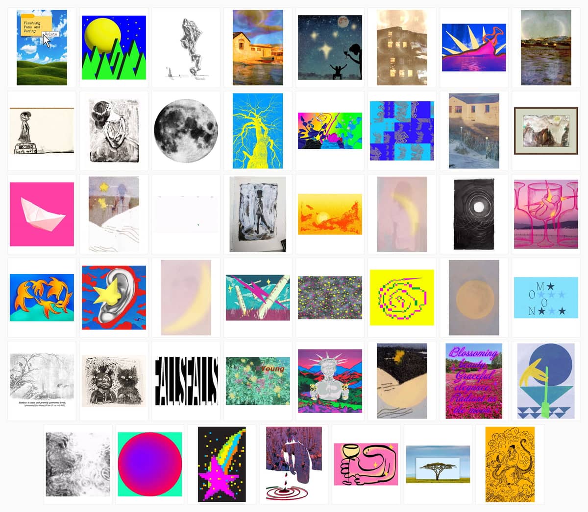 A visual wall assembling all 47 poem covers made by participating students and artists for Ask Bill